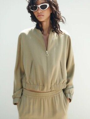 ZARA Khaki Two Piece Set Cropped Bomber Jacket(L) & Elastic Waist Pants(S)